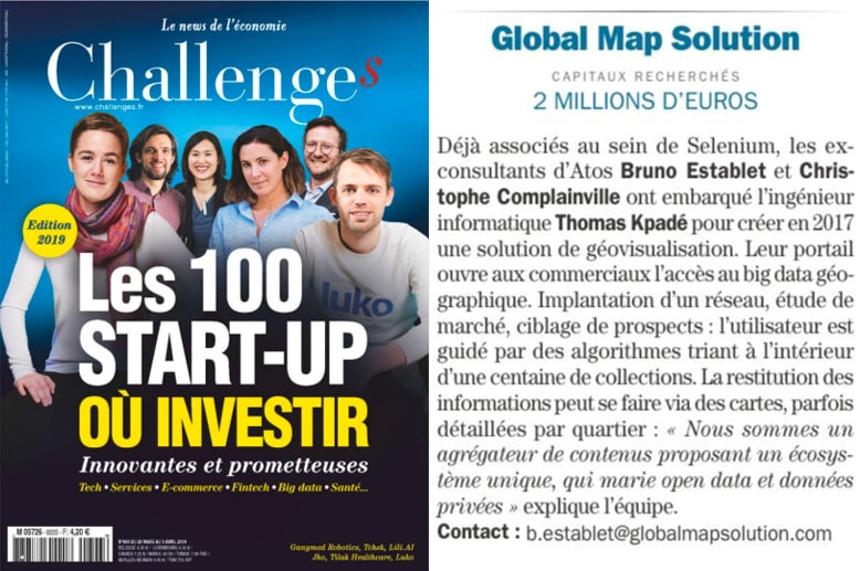 Couverture du magazine Challenges présentant les 100 start-ups où investir, avec un focus sur Global Map Solution.