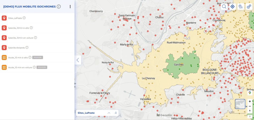 Carte isochrone illustrant les distances de déplacement des salariés à 10 minutes en vélo et en voiture, dans le cadre de l'optimisation du plan de mobilité en entreprise