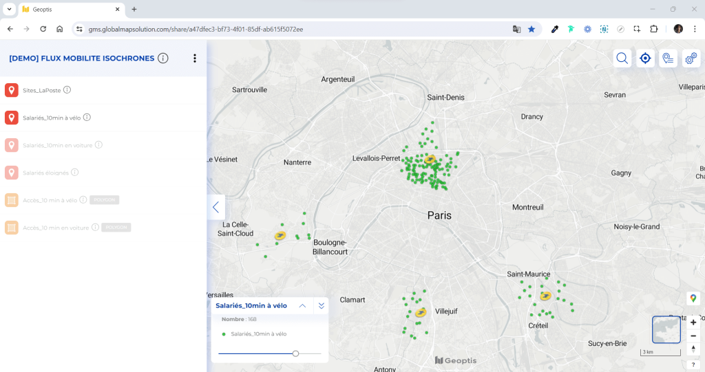 L'image montre une carte interactive de la plateforme Geoptis, affichant les flux de mobilité des employés à vélo dans la région de Paris. La carte est annotée avec des points verts indiquant les localisations des employés qui se rendent à leur lieu de travail à vélo en moins de 10 minutes. Les options de menu à gauche permettent de visualiser différentes catégories de salariés selon leur mode de transport et leur temps de trajet.

Ce type de visualisation est essentiel pour un audit RSE (Responsabilité Sociétale des Entreprises), car il permet d'évaluer l'empreinte écologique et la durabilité des déplacements des employés. En analysant ces données, les entreprises peuvent promouvoir des modes de transport plus durables et mettre en place des initiatives pour réduire l'empreinte carbone de leurs activités, contribuant ainsi à une meilleure responsabilité sociétale.